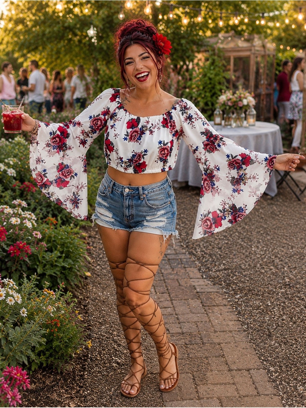 Boho Floral Off Shoulder Bell Sleeve Crop Top Cottagecore Festival